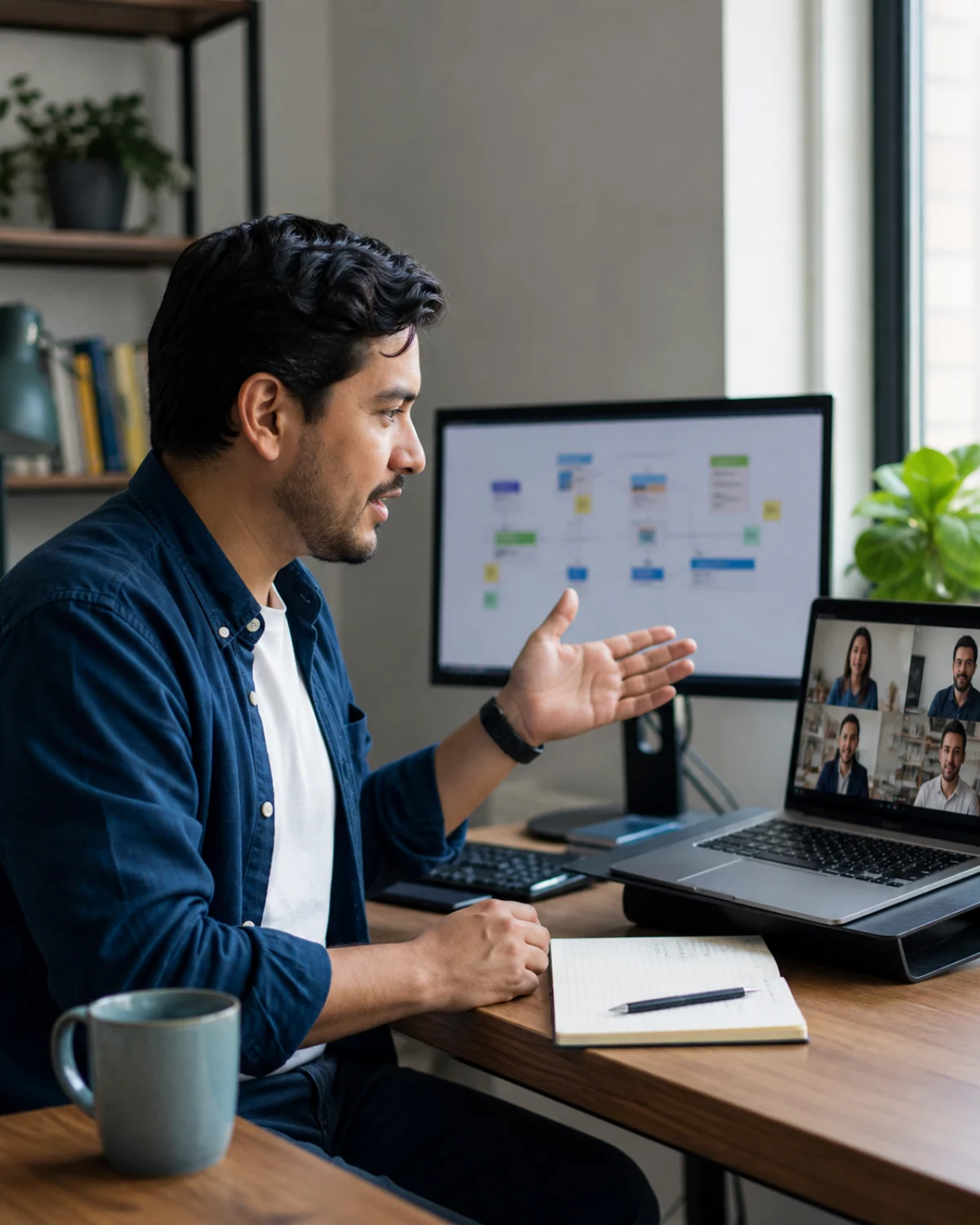 Profesional de tecnología participando en una reunión remota en inglés